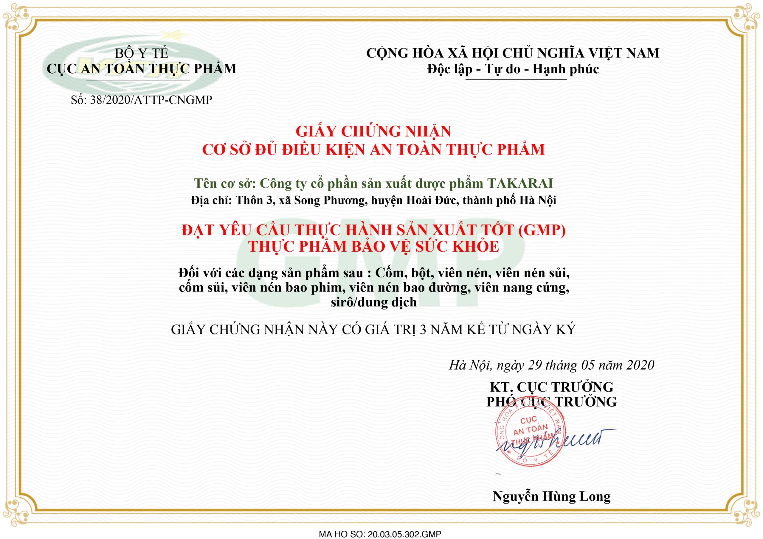 Chứng nhận GMP Takarai