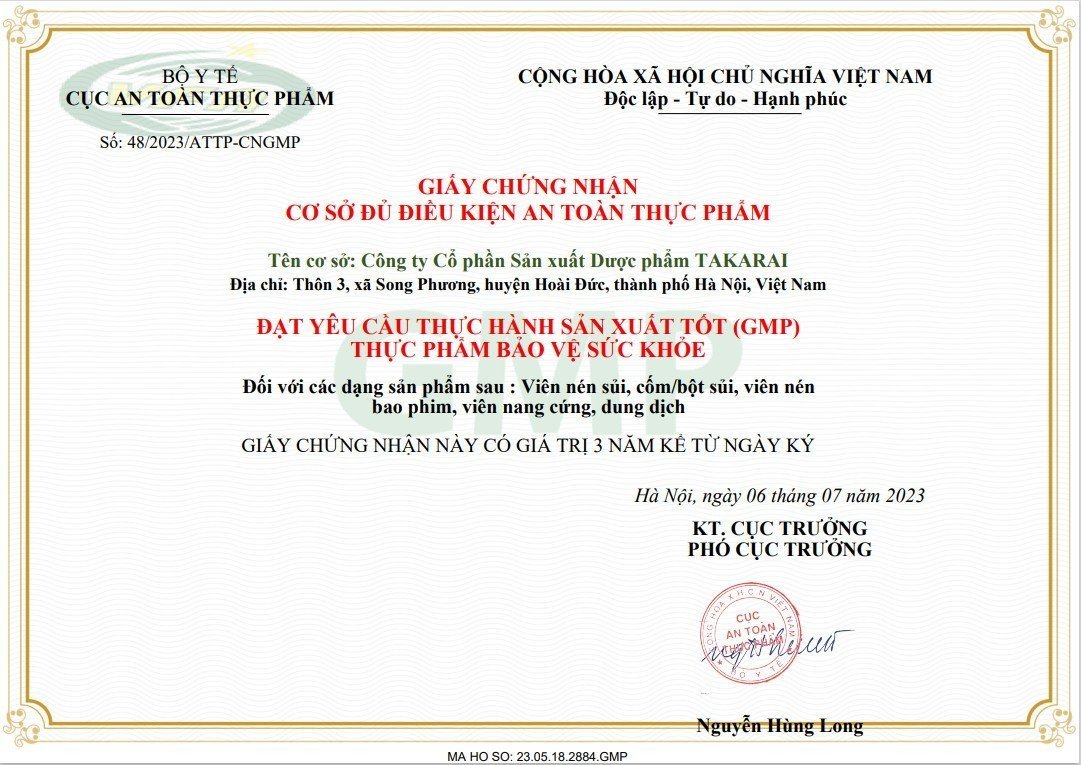 Chứng nhận của Cục An toàn thực phẩm – Bộ Y tế